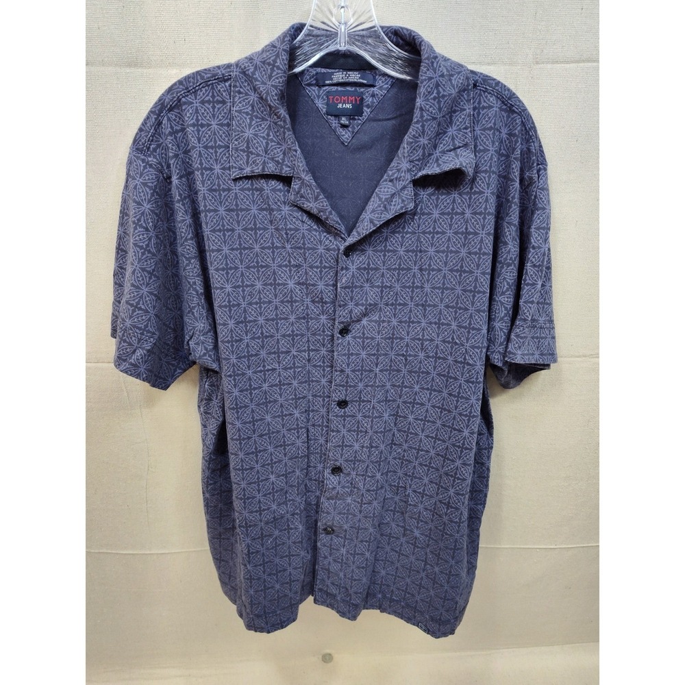 Tommy Jeans Mens XL Blue Geometric Medallion Cotton Short Sleeve Button Up Shirt